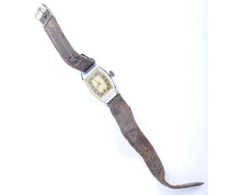 A WWII Second World War interest captured German soldier's wristwatch. The watch being unnamed, but with a black dial, with a