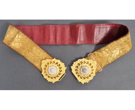 An original 19th Century Victorian Scottish Scots Guard Army Regiment dress belt. Decorated with gold woven thistle pattern t