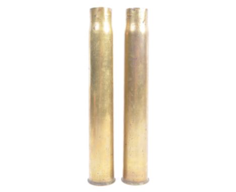 A pair of original 1899 and 1902 Boer War era British Artillery brass ' 3 Pounder Hotchkiss ' ' Trench Art ' cartridge / shel