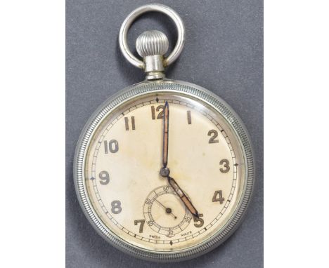 An original WWII Second World War ' Swiss Made ' military / air force issue pocket watch. The watch with a white enamel dial,