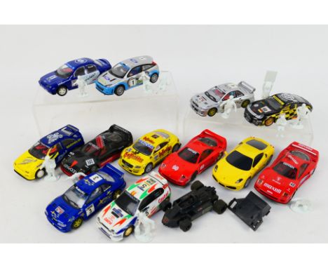 Scalextric - An unboxed group of 12 playworn Scalextric slot cars with some loose accessories. Lot includes Ford Cosworth Mon