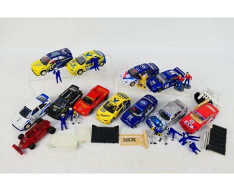 Scalextric - 13 playworn predominately Scalextric slot cars with some loose accessories. Lot includes Ninco Mercedes CLK; Sca