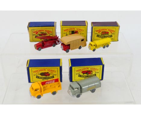 Matchbox - 5 x boxed models, Fire Engine # 9, ERF tanker # 11a, ERF Marshall horse box # 35, Karrier Bantam Coca Cola lorry #