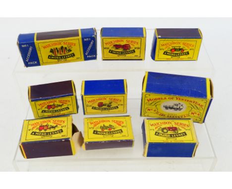 Matchbox - 9 x empty boxes including box for Massey Harris tractor # 4, ERF truck # 20a, ERF cement mixer # 26 and similar ot