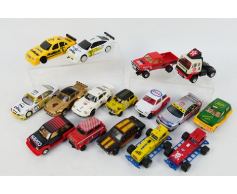 Scalextric - An unboxed group of 16 playworn Scalextric slot cars. Lot includes Datsun King Cab Pick Up; Super Stox 'Fender B