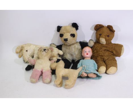 Unknown maker - 5 x vintage bears and soft toys, and 1 x porcelain doll with wooden insides. Some bears and soft toys are str