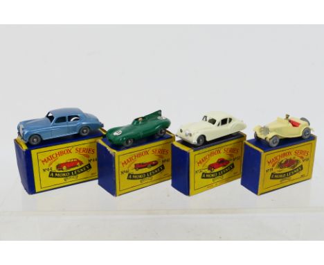 Matchbox - 4 x boxed models, MG Midget Sports # 19, Jaguar XK140 # 32, Jaguar D Type (55mm) # 41 and Rolls Royce Silver Cloud