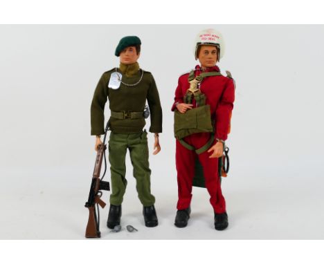 Palitoy - Action Man - Two unboxed vintage Action Man figures in Soldier and RedDevil Parachutist attire. Figures are brown a