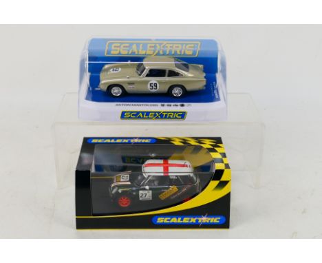 Scalextric - 2 x boxed slot cars, Aston Martin DB5 AMOC Brands Hatch 2019 car # C4166 and Mini Cooper John Cooper Challenge n