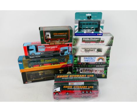 Corgi - Oxford - Atlas - Eddie Stobart - 10 x boxed truck and bus models including Scania Irizar in 1:76 scale, Scania Toplin