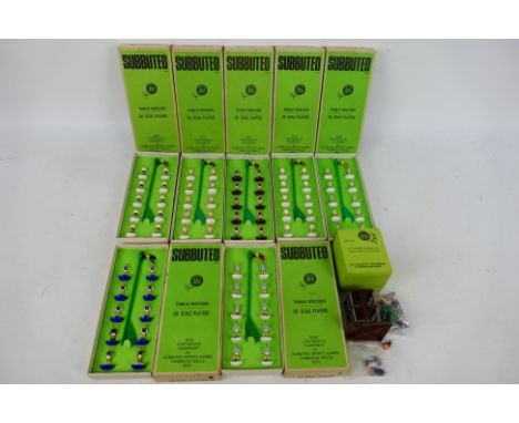 Subbuteo - 7 x boxed teams and a boxed TV Tower with accessories. Some of the players have damage and losses, most are in Ver