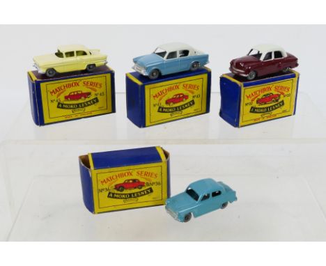 Matchbox - 4 x boxed vehicles, Vauxhall Cresta # 22a, Austin A50 Cambridge # 36, Hillman Minx # 43 and Vauxhall Victor # 45. 