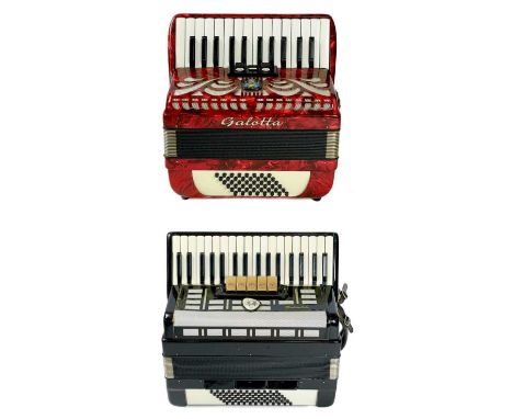 Two Galotta piano accordions. One is a seventy-two 'Ideal' bass model and the other a forty-eight bass. Cases are included fo