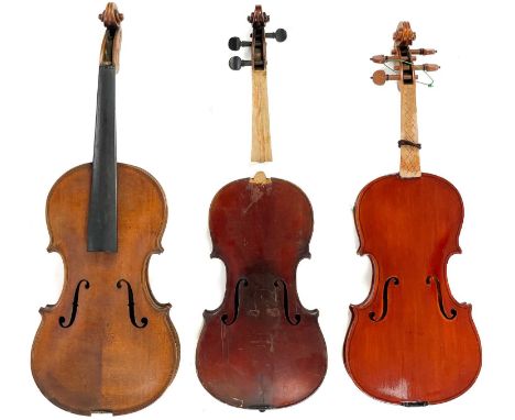 An early 20th century violin. Lacking pegs and chin rest, two piece maple back, ebony fingerboard, back measures (excluding b