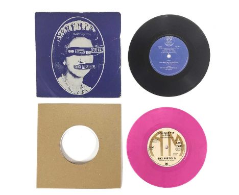 A scarce 'God Save The Queen' pink 7" single. The Sex Pistols. 'God Save the Queen,' AMS 7284, unofficial reproduction 7" of 