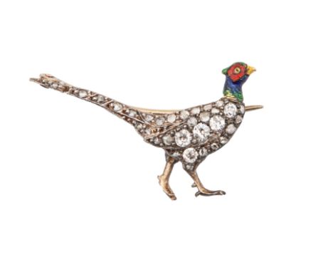 Edwardian A diamond, gold and enamel pheasant brooch The body set with old brilliant cut and rose cut diamonds, the head enam