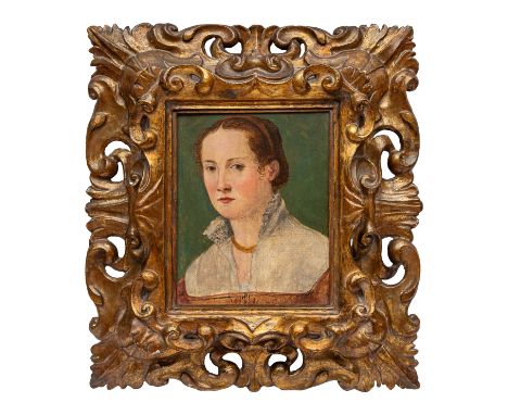 Attributed to Alessandro Allori (Florence, 1535 - 1607) Portrait of a young lady Oil on panel In a rare carved and giltwood 1