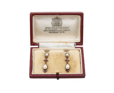 Circa 1840 A pair of split pearl ruby and diamond pendant earrings In a later Collingwood leather presentation case