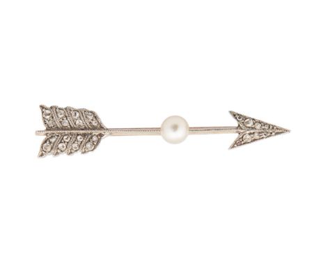 Edwardian  A diamond and natural pearl arrow brooch Mounted in yellow gold  Weight: Approximately 3 grams