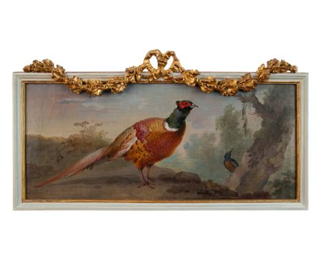 Aert Schouman (Dordrecht, 1710 - 1792, The Hague) Dutch School An over door of a pheasant and a kingfisher in a landscape Oil