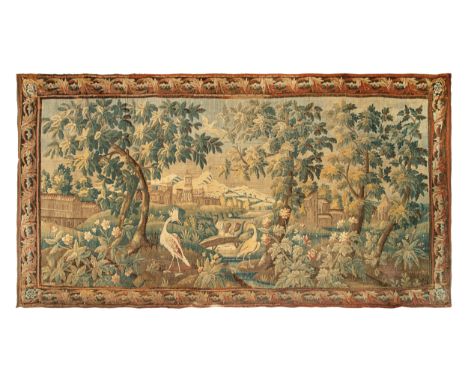 18th Century A very large Aubusson verdure tapestry  Depicting crane birds amidst abundant foliage in a country setting with 