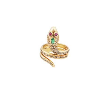 A diamond, ruby and emerald yellow metal serpent dress ring The body set with brilliant cut diamonds to a marquise set emeral