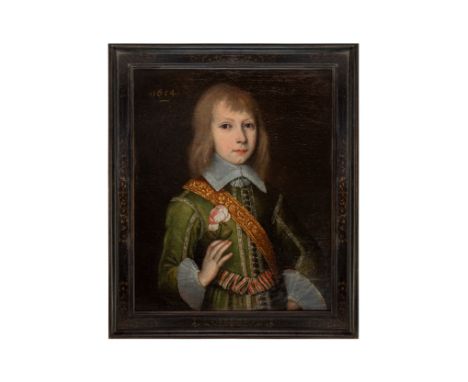 British 17th century school 1634, dated lower left Portrait of a boy, half-length,Â&nbsp;in a green embroidered costume holdi