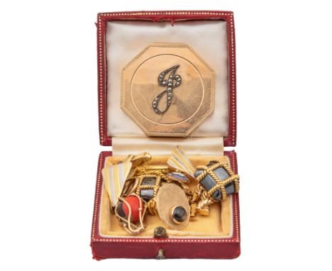 A mixed lot of jewellery to include: [a] A pair of 14-carat yellow metal and hematite cufflinks [b] A pair of two collared ye