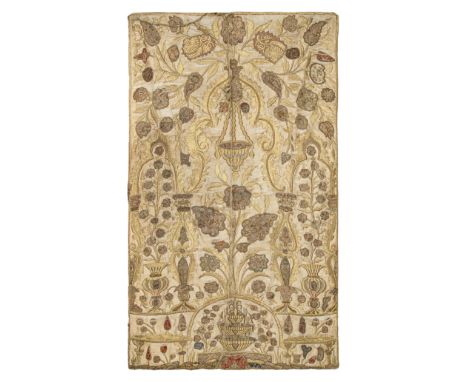 Ottoman 19th Century A silk and gold thread textile with a hanging prayer lamp motif  Property of an academic collector  Dime