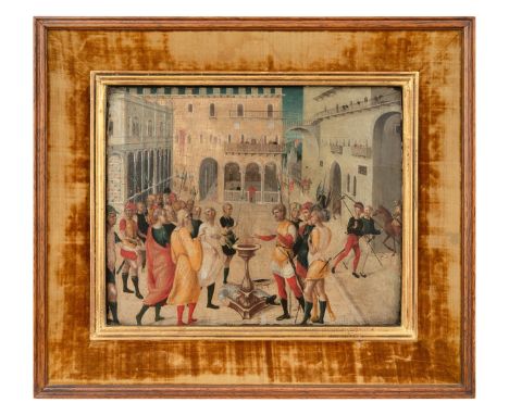 Niccolo Giolfino (1476 - 1555)Mucius Scaevola thrusting his hand into the FlameTempera on gold ground panelOld Thomas Agnew &