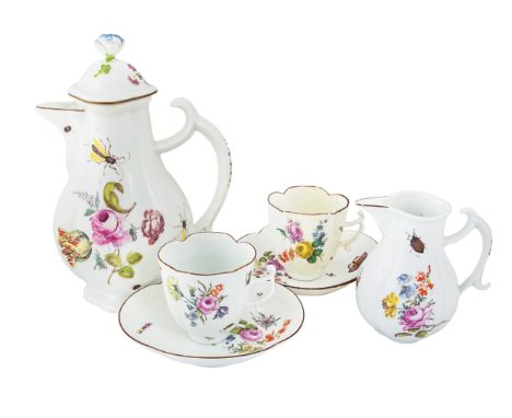 To be sold without reserve Property of Lady  Meissen  18th Century A six piece coffee set decorated with insect and floral mo