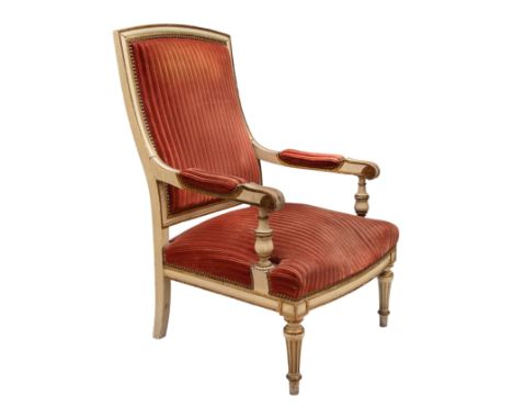 French 19th Century A pair of white painted and gilded armchairs Upholstered in light burgundy velvet  Dimensions: 39Â&nbsp;i