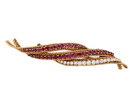 Van Cleef and Arpels Circa 1950 A ruby and diamond flame clip brooch The pin with French poincon Signed 'V. C. A.' and number