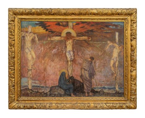Archibald Standish Hartrick (Scottish, 1864-1950) Calvary Oil on artist's board With an impassioned letter, likely by the art
