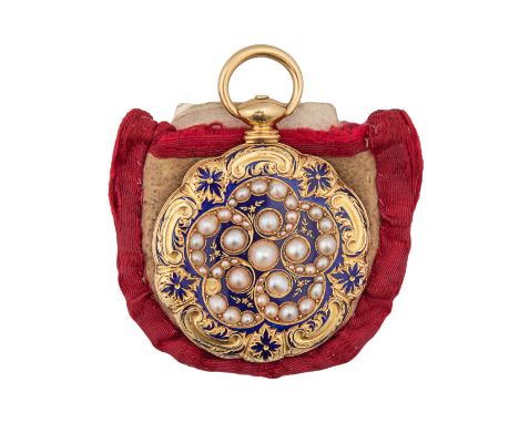 Switzerland 19th Century A fine gold, enamel and pearl fob watch The engraved dial with enamel, Roman numerals, split pearl b