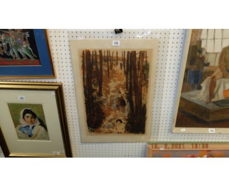 An unframed lithograph 'Children in lane' signed Alistair Grant