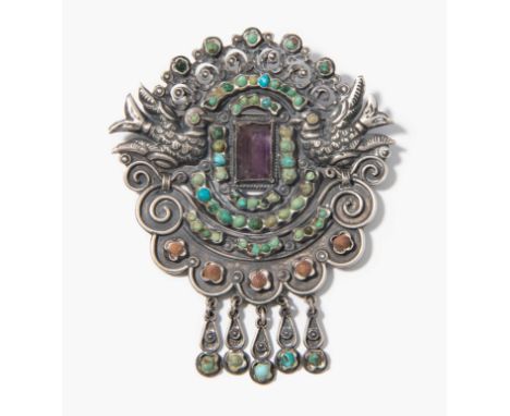 Lot: Brosche und RingChina, 20.Jh. Silber mit eingesetzten Türkisen und Amethyst. Bestand: Brosche mit mittig gefasstem Ameth