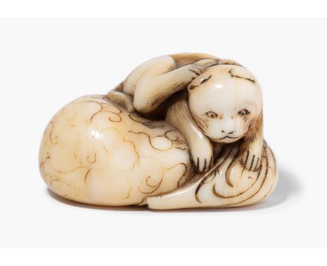 Netsuke Japan, 18.Jh. Elfenbein. Kyoto Schule. Unsigniert. Eine Katze ruht behaglich auf einem Sack und kratzt sich am Ohr. L