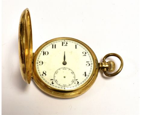 9CT GOLD CASED HALF HUNTER POCKET WATCH Anonymous white dial, Black Arabic Numerals, sub dial (no Baton) Front case marked 9.