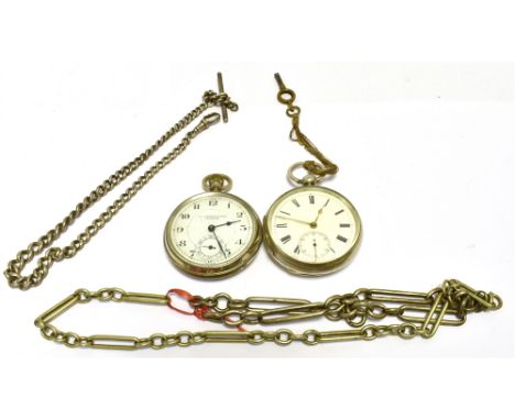 TWO POCKET WATCHES AND CHAINS a Victorian silver cased open face pocket watch, hallmarked for London 1880 with key, total wei