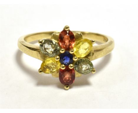 9ct GOLD SAPPHIRE SET FLOWER HEAD RING The flower set with orange, yellow and blue sapphires, shank marked JC 375, Ring size 