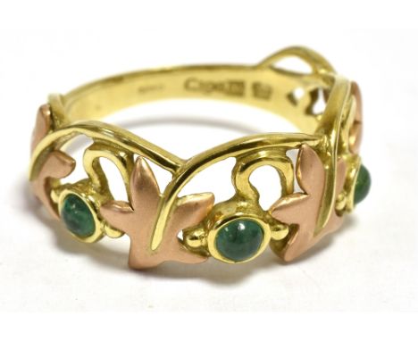 CLOGAU; 9CT GOLD GEM SET Tree of life half band ring (boxed) The gems green cabachon emerald accents. Ring size O, Weight 3g