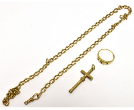 THREE ITEMS OF JEWELLERY a 9ct gold ring A/F, weight 2grams, a stamped 9ct albertina chain, weight 14grams approx, a gilt cro