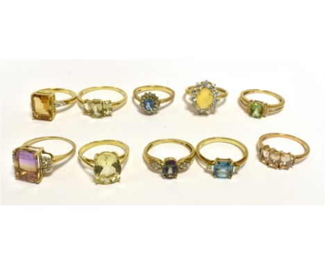 TEN GOLD RINGS Gem, stone and paste set to include three TJC, 1 marked 14kt 585, 9 marked 9k/375, ring sizes N,N1/2, O1/2 x5,