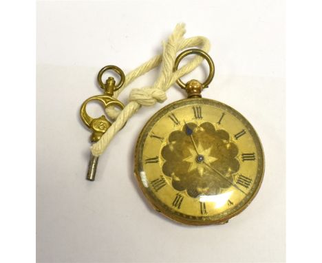 GOLD CASED OPEN FACED POCKET WATCH (KEYWOUND) With key, anonymous gilt dial, black roman numerals- rear case engraved with fo