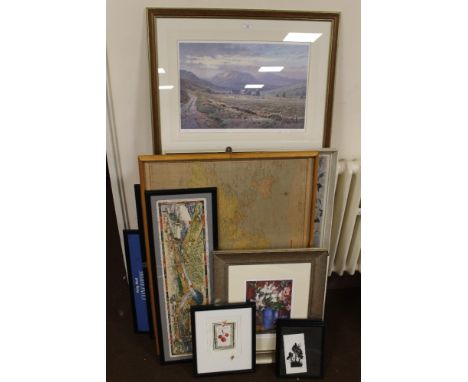 A LARGE COLLECTION OF ASSORTED PICTURES, PRINTS AND MAPS, TO INCLUDE A FRAMED AND GLAZED LIMITED EDITION PRINT