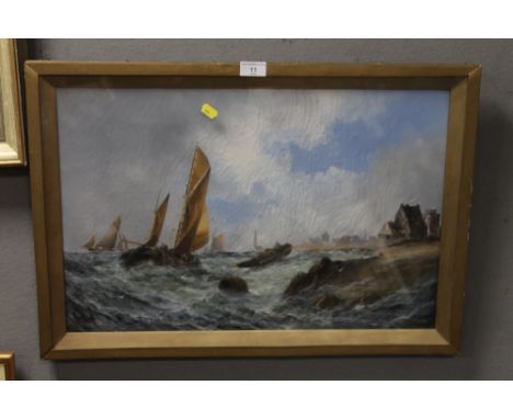 A FRAMED AND GLAZED SIGNED OIL PAINTING, DEPICTING A STORMY SEASCAPE, INDISTINCTLY SIGNED TO BOTTOM LEFT