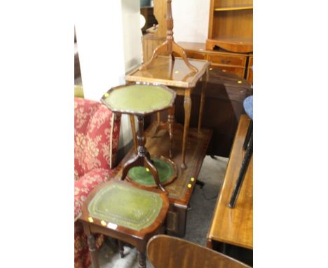 A QUANTITY OF MIXED LEATHER TOPPED FURNITURE, TO INCLUDE WINE TABLES, DROP LEAF SOFA TABLE ETC. (6)