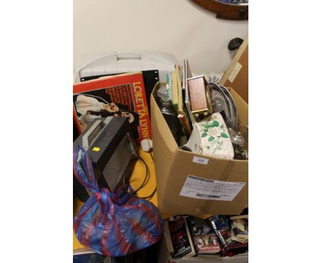 A BOX OF ASSORTED ITEMS TO INCLUDE A DECANTER, SMALL QUANTITY OF BOOKS, MATCHBOXES, RECORDS AND PLATES, TOGETHER WITH AN 'ALP