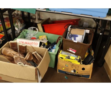 A LARGE QUANTITY OF ASSORTED HOUSEHOLD ITEMS AND TOOLS TOGETHER WITH A BOX OF LADIES SHOES